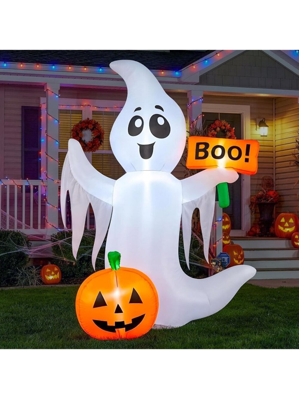 🎃4.5 FT Halloween Inflatable Ghost with Pumpkin and Boo Sign Front Yard Deco